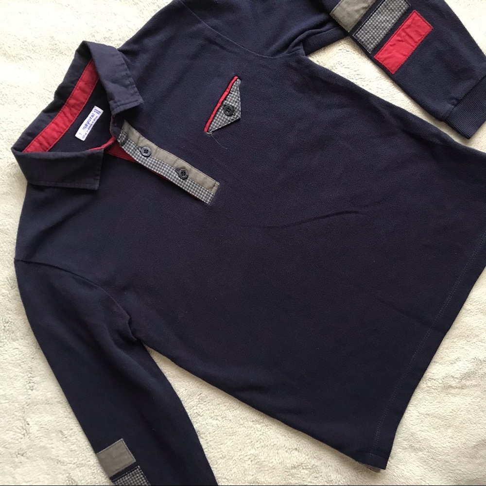 Mayoral Long Sleeve Houndstooth Applique Nautical Polo Shirt Blue Boys Sz 7